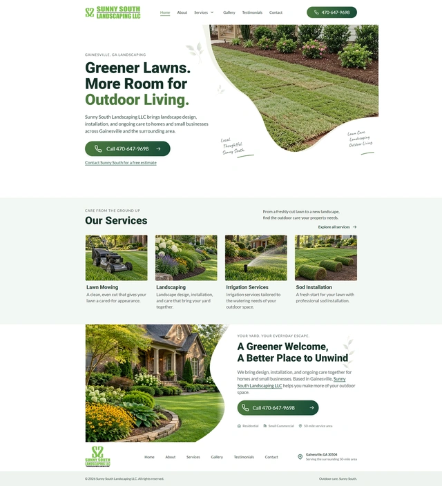 Sunny South Landscaping LLC website preview showing the header, services, about section and footer