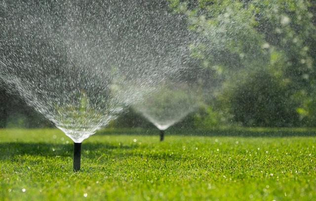 Garden irrigation sprinklers watering a green lawn